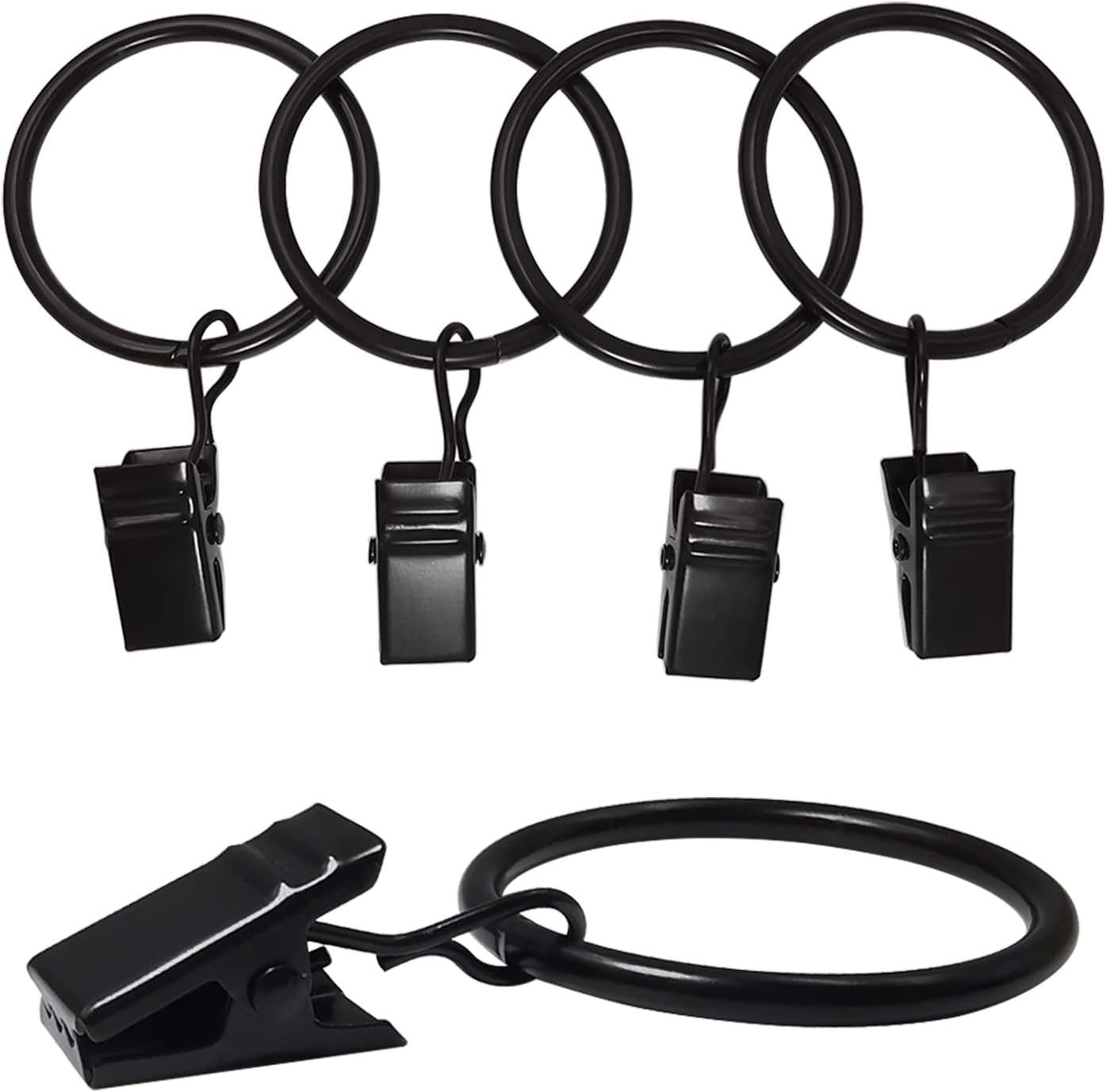 40 Pack Curtain Rings with Clips, Drapery Clips Rings, Drapes 1.26 in Interior Diameter, Fits up to 1 Rod, Black 1.26" I D