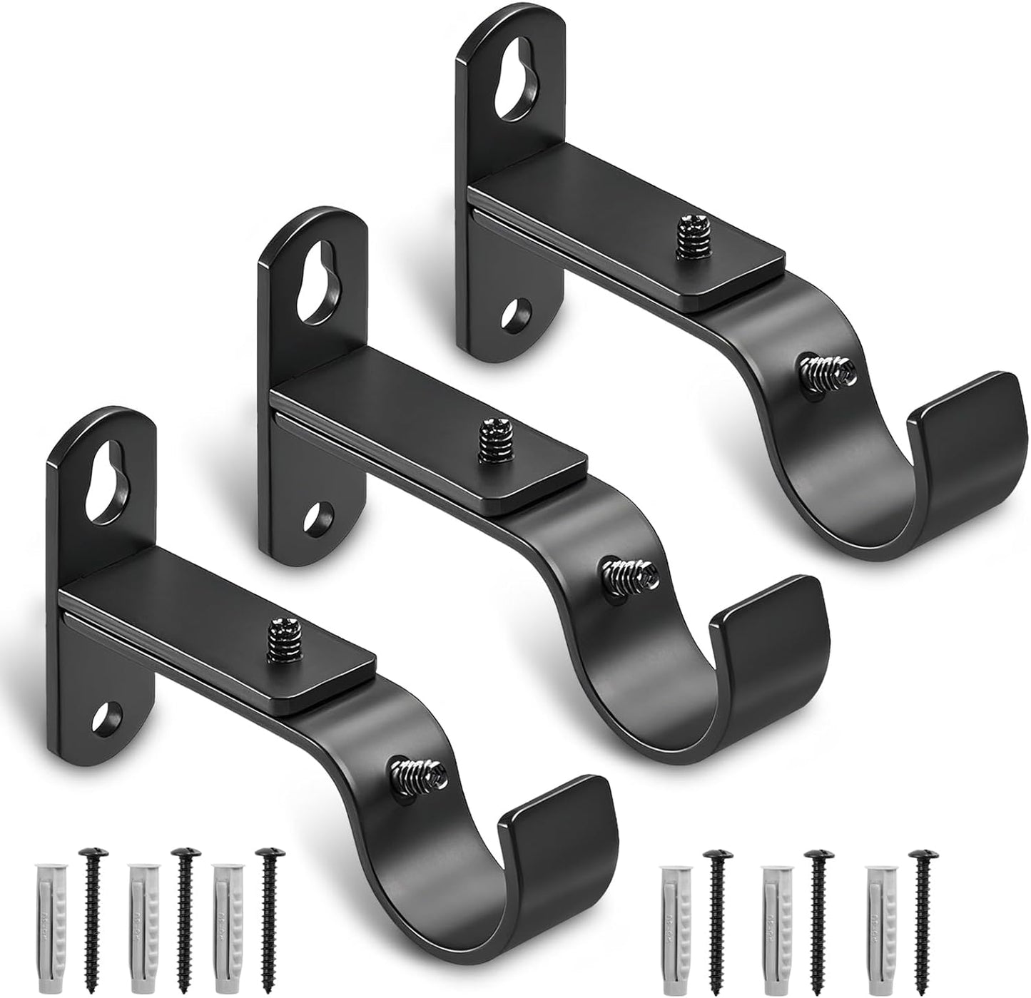 Adjustable Curtain Rod Brackets, Metal Window Drapery Hanger Holders Hooks for 1 inch Rods (Black, Set of 3) Black 3