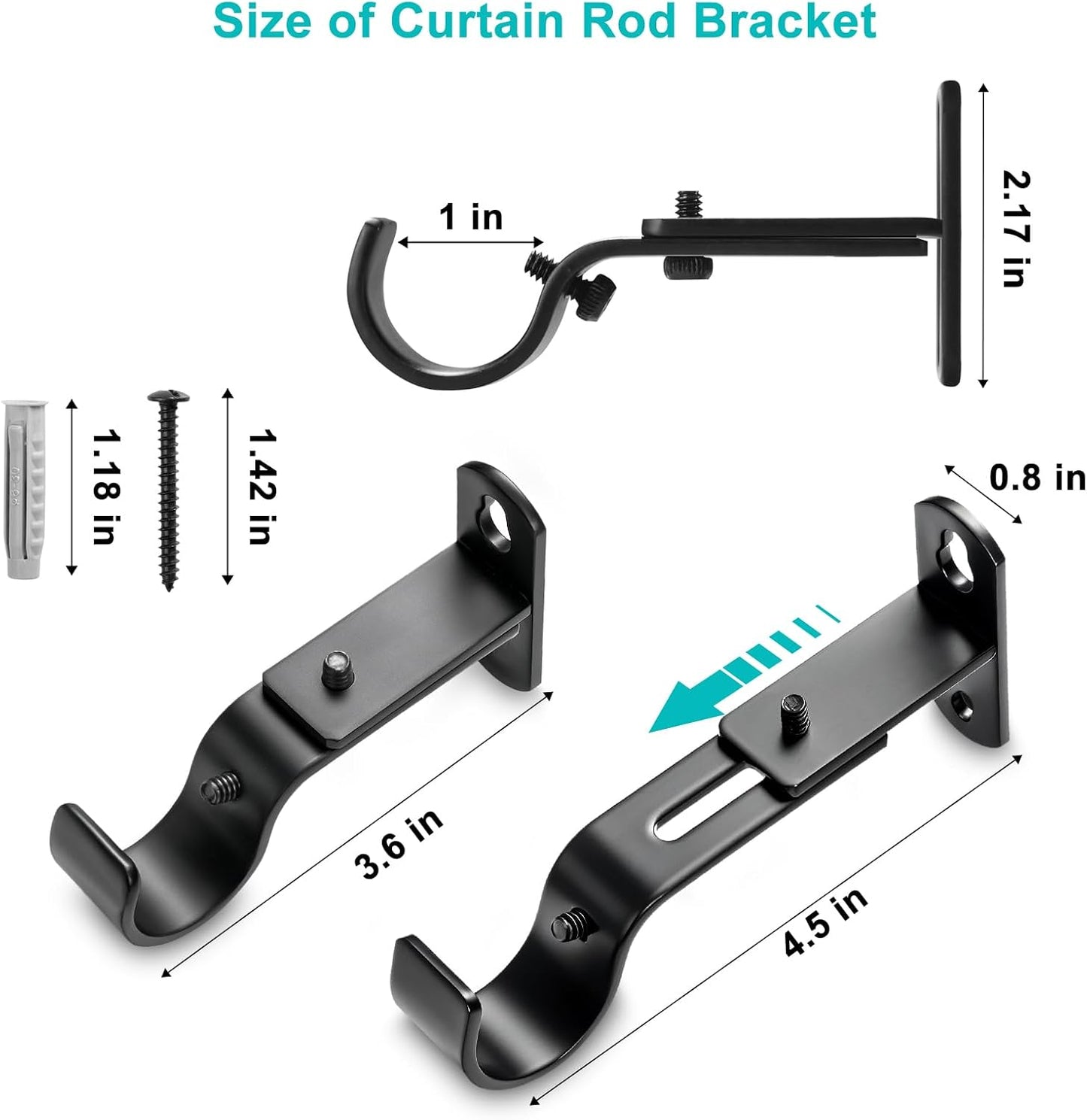 Adjustable Curtain Rod Brackets, Metal Window Drapery Hanger Holders Hooks for 1 inch Rods (Black, Set of 3) Black 3