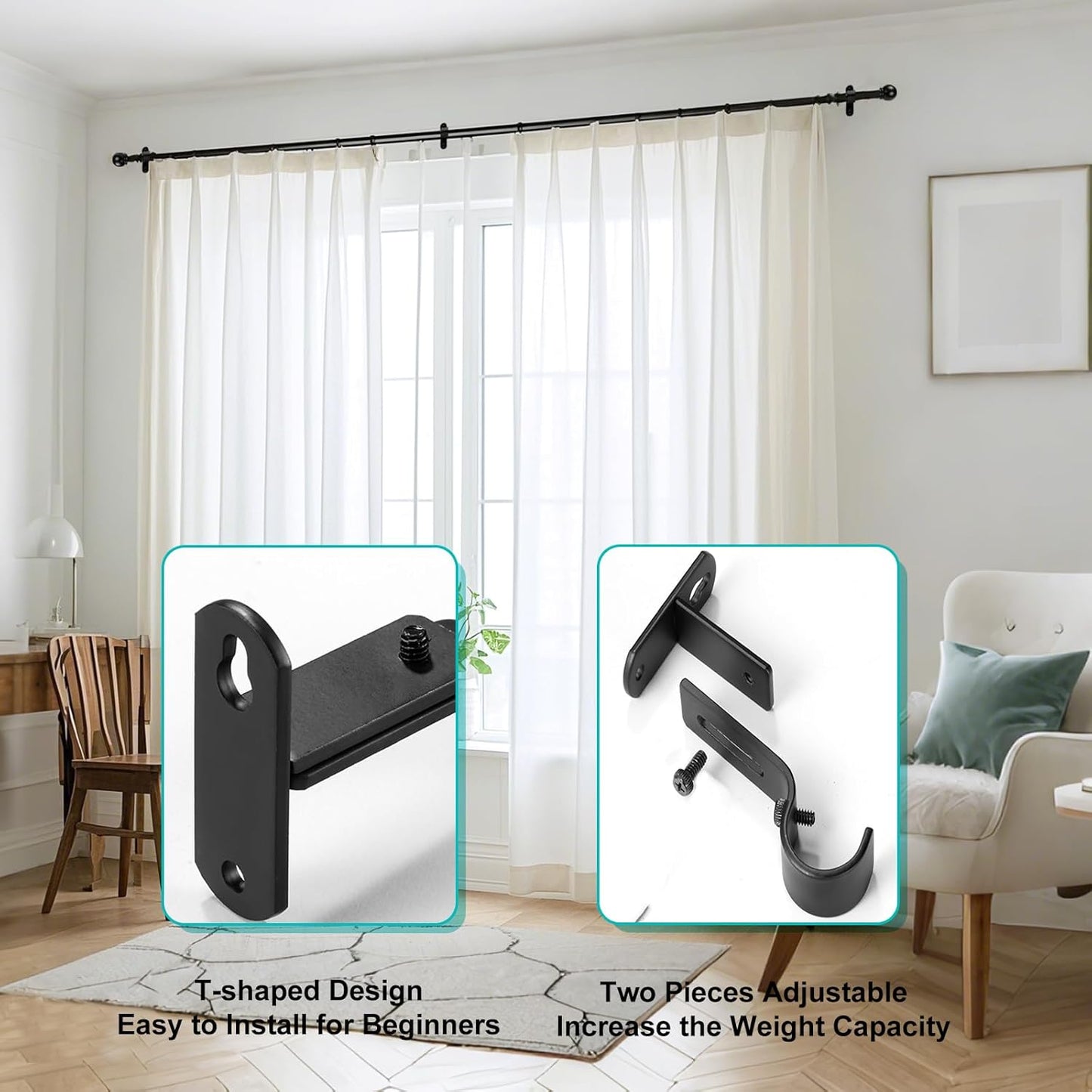 Adjustable Curtain Rod Brackets, Metal Window Drapery Hanger Holders Hooks for 1 inch Rods (Black, Set of 3) Black 3