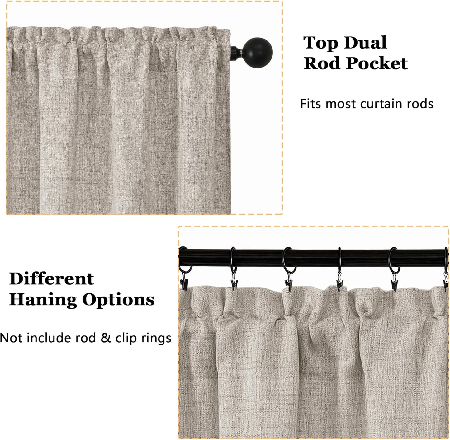 Linen Valances for Windows 1 Pcs, Light Filtering Textured Farmhouse Short Small Valance Curtains Bathroom Basement Living Room Bedroom, Rod Pocket Half Over Sink, 60Wx14L Inch 60"W x 14"L (Pack of 1)