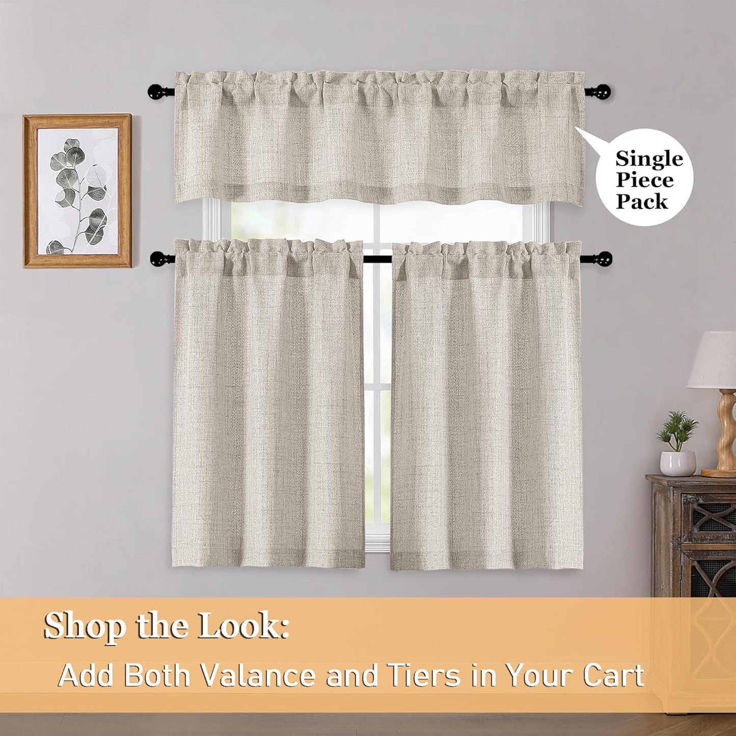 Linen Valances for Windows 1 Pcs, Light Filtering Textured Farmhouse Short Small Valance Curtains Bathroom Basement Living Room Bedroom, Rod Pocket Half Over Sink, 60Wx14L Inch 60"W x 14"L (Pack of 1)