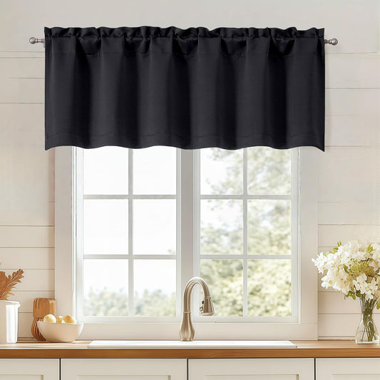 Black Valances for Windows, Small Blackout Curtains Kitchen Bedroom Living Room, Rod Pocket Privacy Modern Solid Short Window Treatment Valance Bathroom Panels, 60" Wx18 L,1 Piece 60"W x 18"L (Pack of