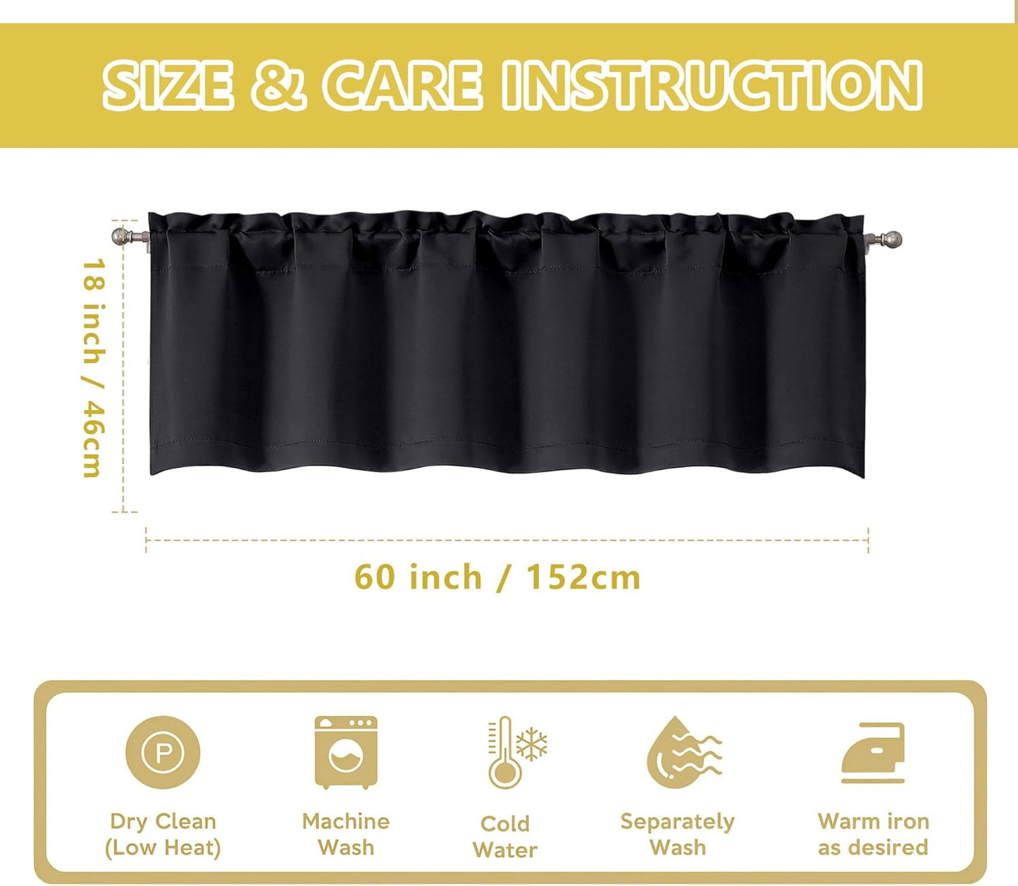 Black Valances for Windows, Small Blackout Curtains Kitchen Bedroom Living Room, Rod Pocket Privacy Modern Solid Short Window Treatment Valance Bathroom Panels, 60" Wx18 L,1 Piece 60"W x 18"L (Pack of