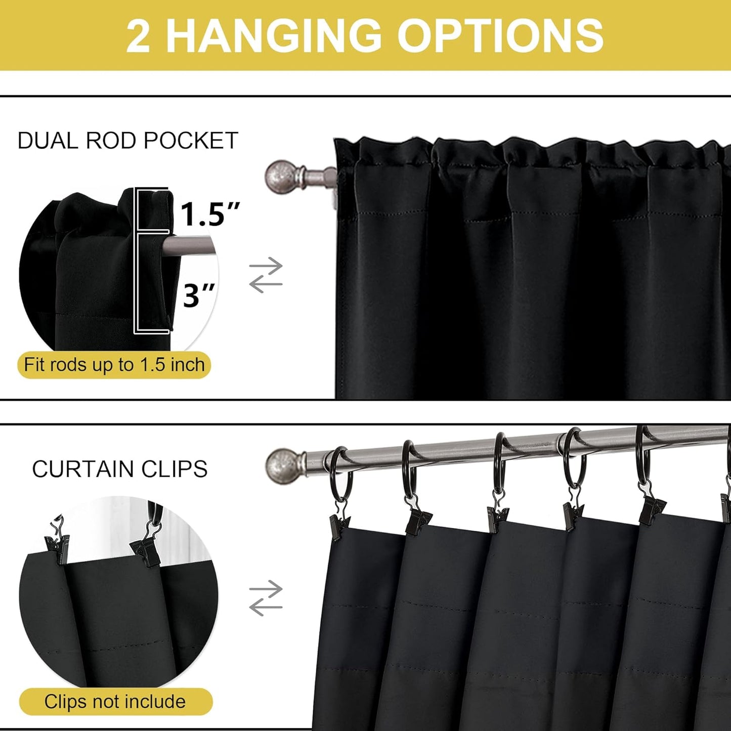 Black Valances for Windows, Small Blackout Curtains Kitchen Bedroom Living Room, Rod Pocket Privacy Modern Solid Short Window Treatment Valance Bathroom Panels, 60" Wx18 L,1 Piece 60"W x 18"L (Pack of