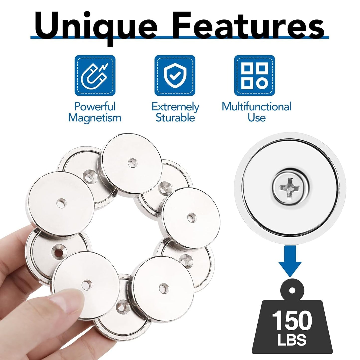 Strong Magnets, 150lb+ Waterproof Neodymium Cup Magnets with Screws for Wall Mounting,Rare Earth Magnet Holes Holding Tools Lifting, Hanging(Silver, 6 Pack) - 150lb