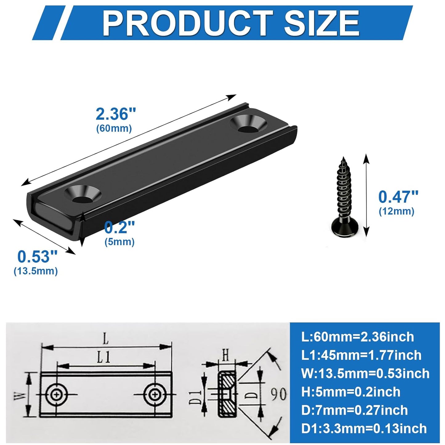 80lbs Neodymium Bar Magnets with Screws Holes, Strong Cabinet for Closure, Rare Earth Magnetic Rectangle Doors, Mounting, Locker Accessories - 60x13.5x5mm Pack of 6 Black 60x13.5x5 mm