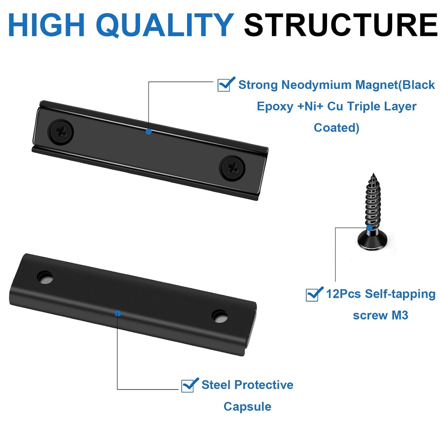 80lbs Neodymium Bar Magnets with Screws Holes, Strong Cabinet for Closure, Rare Earth Magnetic Rectangle Doors, Mounting, Locker Accessories - 60x13.5x5mm Pack of 6 Black 60x13.5x5 mm