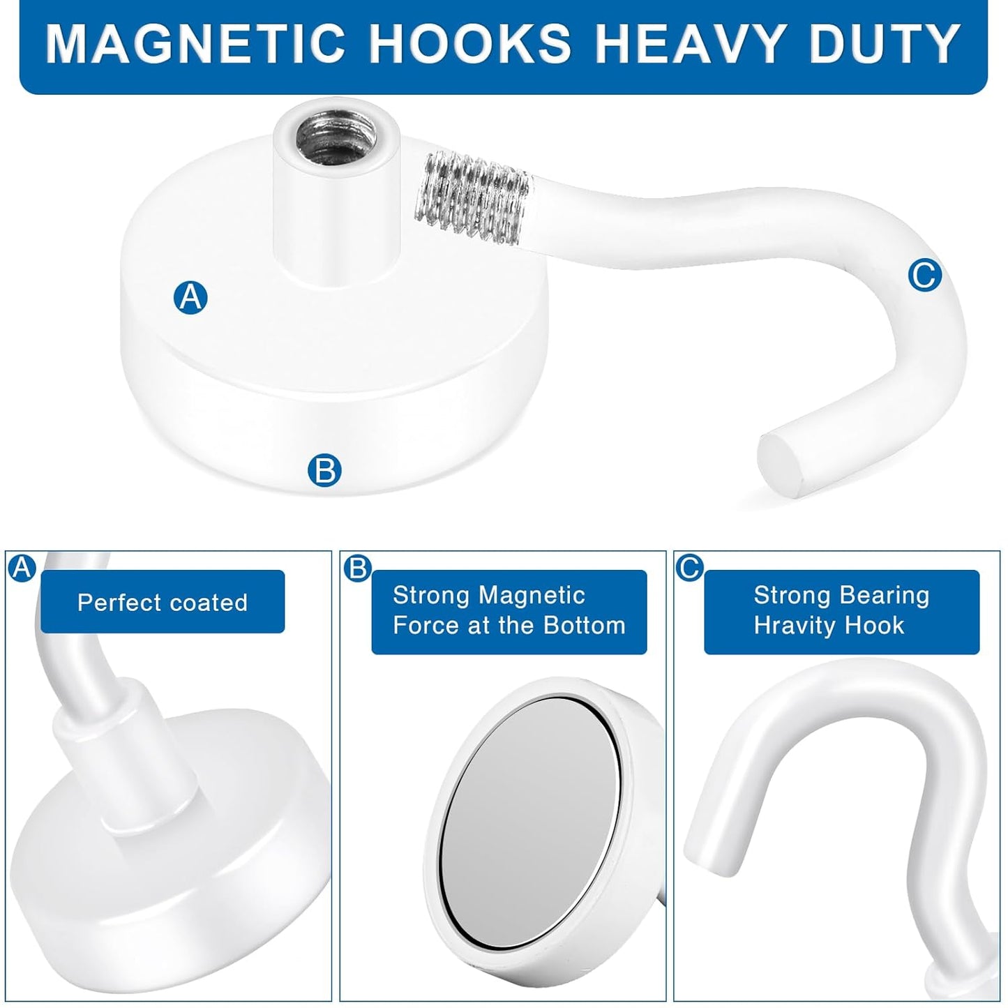 Cruise Essentials: 40Lbs White Magnets, Strong Magnetic Hooks for Hanging, 6 Pack -