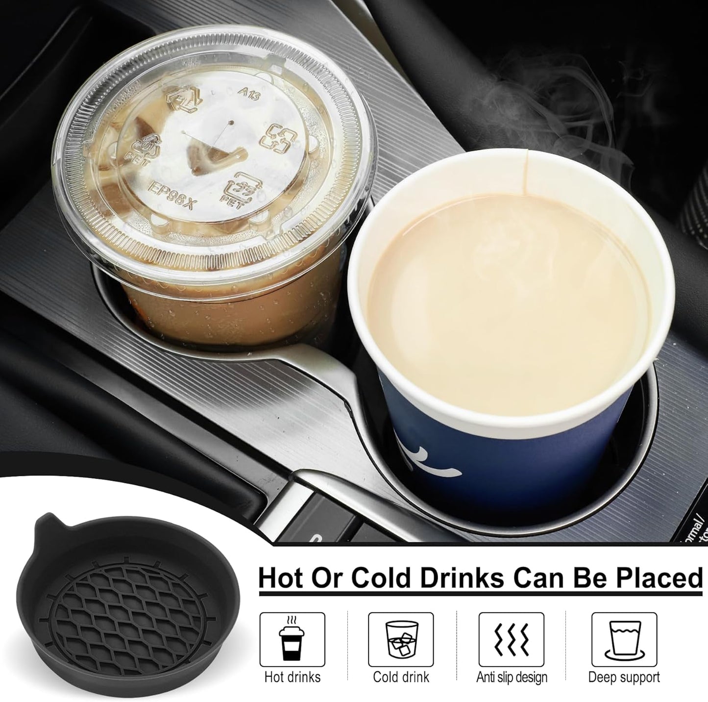 Car Cup Holder Coaster, Silicone Insert, Universal Non-Slip Holders, Accessories Interior for Women and Man Sets 4 Pack Black -