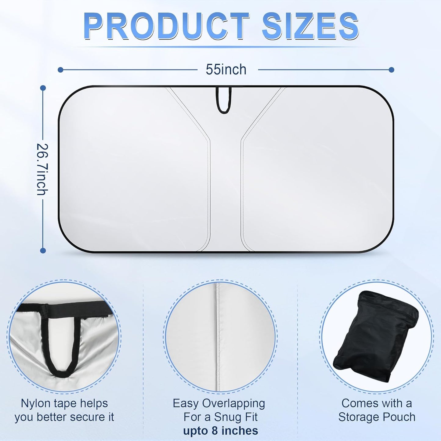 300T Universal Car Windshield Sun Shade, Foldable Reflective for & Window Shades with Overlapping Design, Interior Accessories (55" L x 26.7" W) - Standard