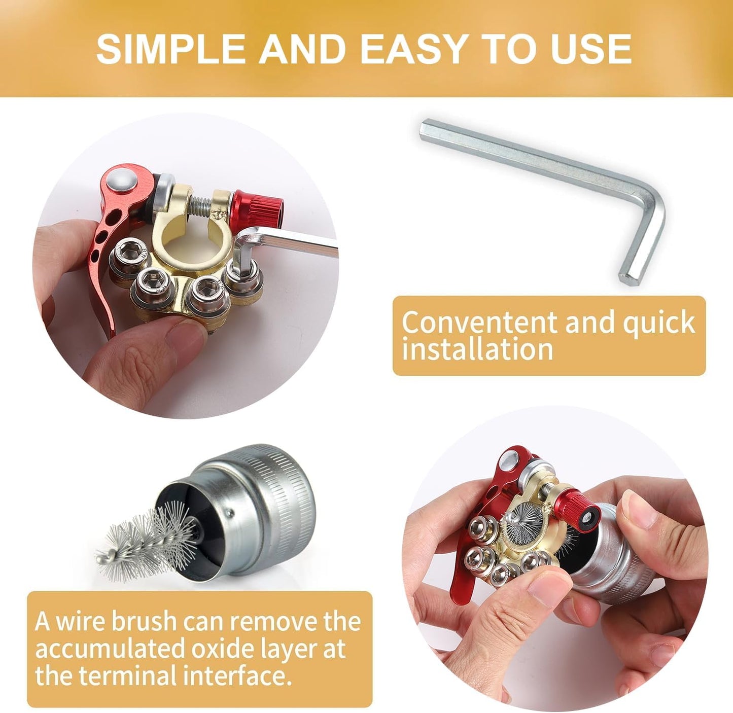 Car Battery Terminal Connector, 4 Way Positive and Negative Pole Quick Release Clip, Applicable to SAE/JIS A Type Post, Compatible with Cars, Trucks More（Gold-A） Way-Gold-A -