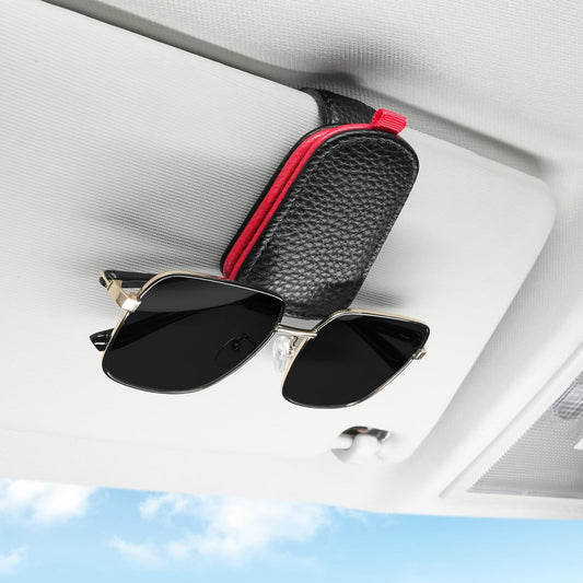 Sunglasses Holder for Car, Leather Magnetic Buckle Sun Visor Sunglass Clip, Ticket Card Storage Glasses Car Interior Accessories Men and Women（Black-red） Black-Red 1PCS