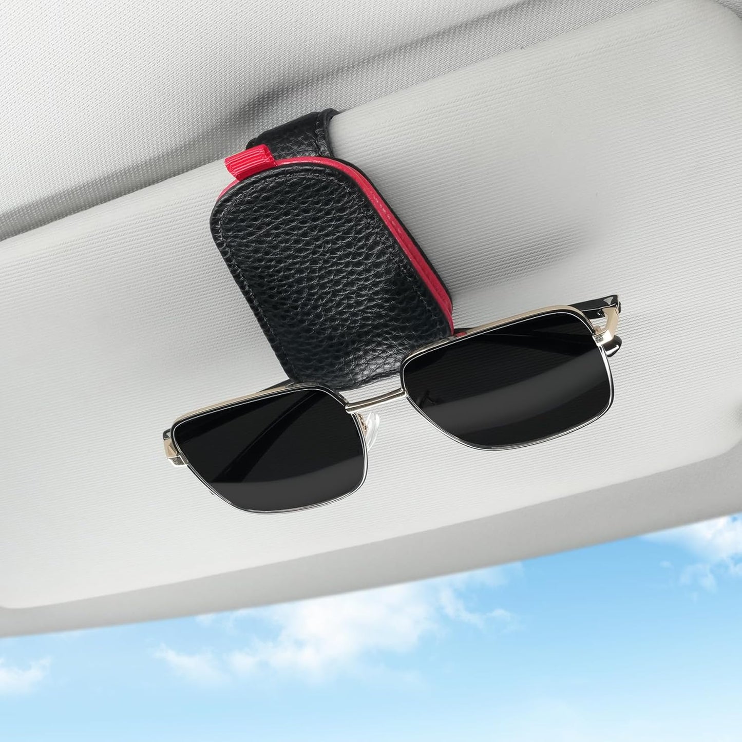 Sunglasses Holder for Car, Leather Magnetic Buckle Sun Visor Sunglass Clip, Ticket Card Storage Glasses Car Interior Accessories Men and Women（Black-red） Black-Red 1PCS