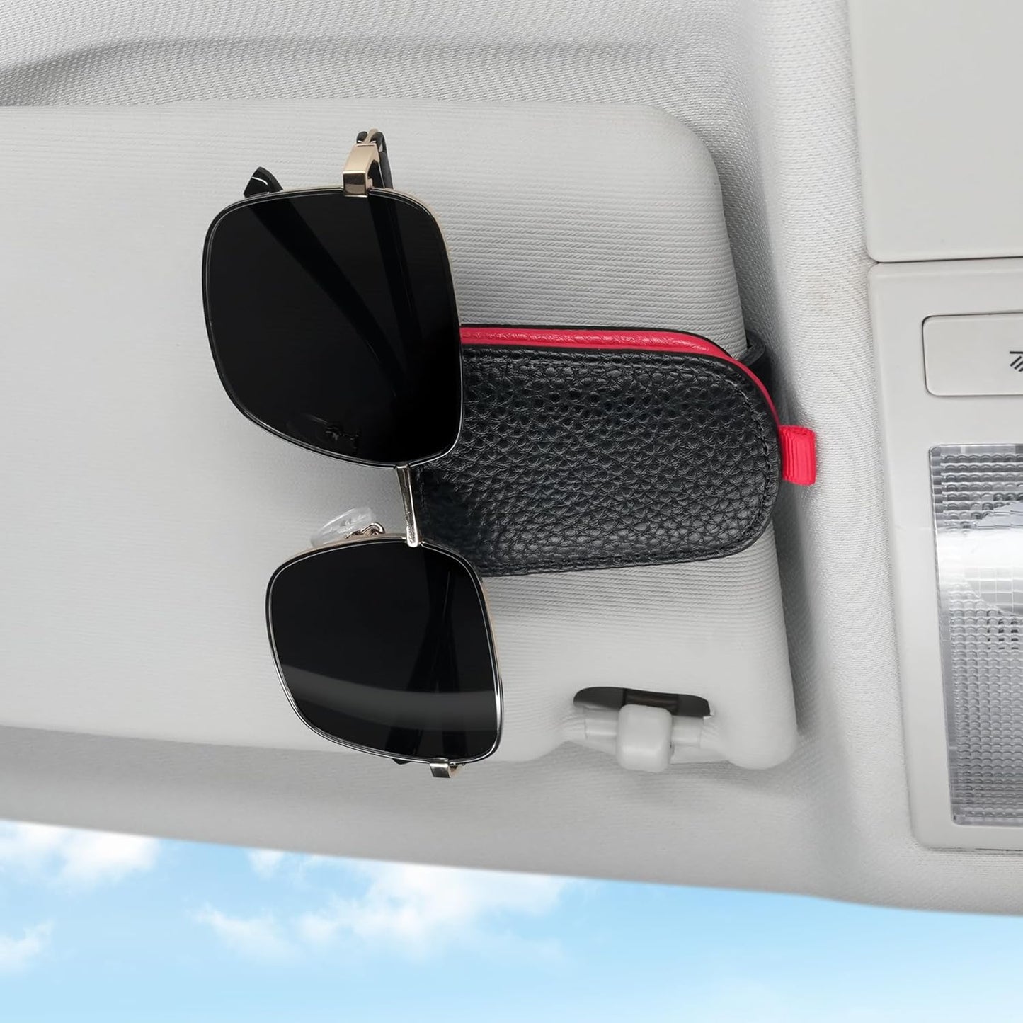 Sunglasses Holder for Car, Leather Magnetic Buckle Sun Visor Sunglass Clip, Ticket Card Storage Glasses Car Interior Accessories Men and Women（Black-red） Black-Red 1PCS