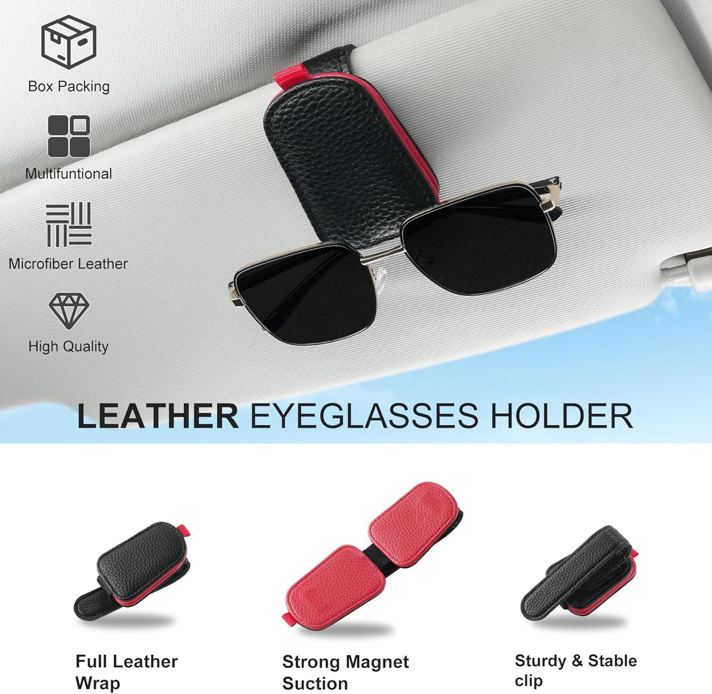 Sunglasses Holder for Car, Leather Magnetic Buckle Sun Visor Sunglass Clip, Ticket Card Storage Glasses Car Interior Accessories Men and Women（Black-red） Black-Red 1PCS