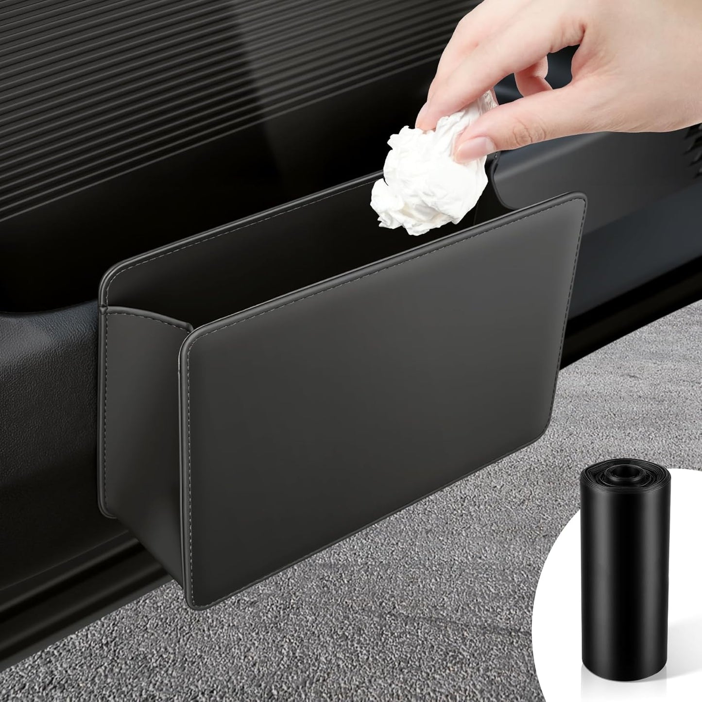 Car Door Trash Can, Leather Vehicle Bin, Mini Dustbin Garbage Container Can with 30 Pcs Bags, Foldable Storage Bag Organizer, Accessories Interior for Women Men, Black -