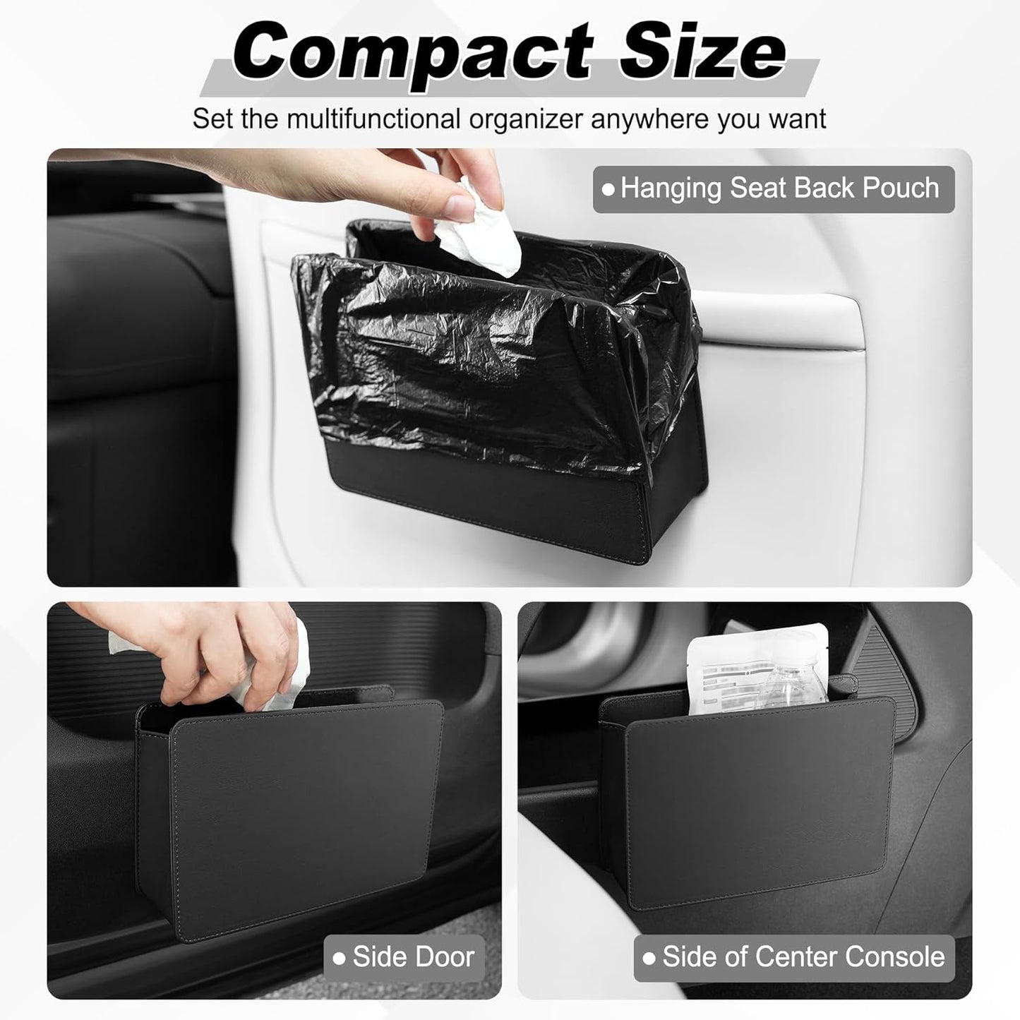Car Door Trash Can, Leather Vehicle Bin, Mini Dustbin Garbage Container Can with 30 Pcs Bags, Foldable Storage Bag Organizer, Accessories Interior for Women Men, Black -