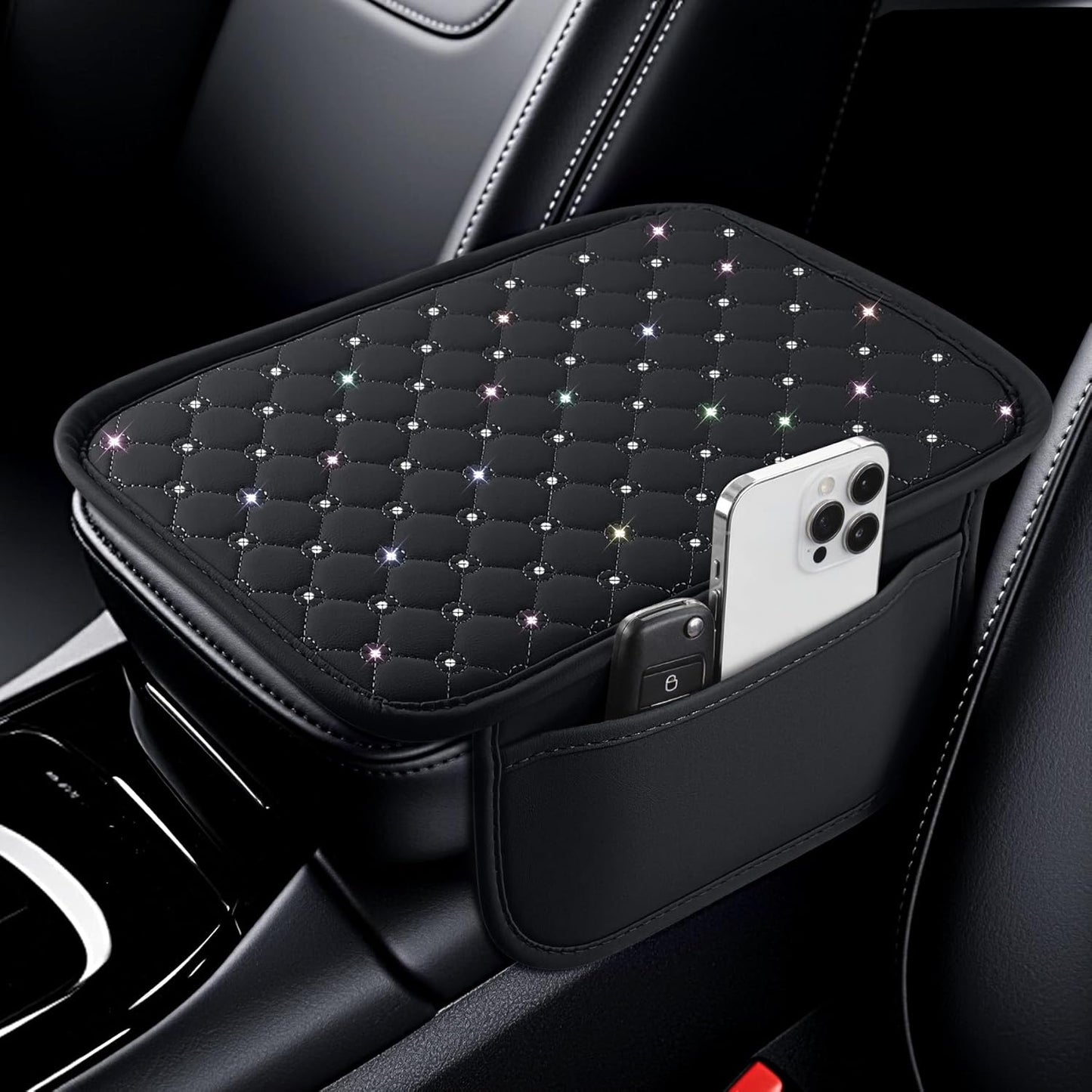 Bling Center Console Arm Rest Cover for Car, Middle Armrest Storage Box Cover, Interior Car Accessories Women and Man Gifts Sets (Black) black -