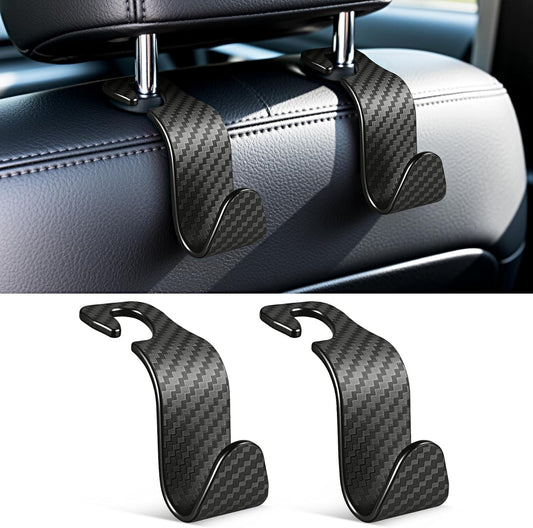 Universal 2 Pack Car Seat Headrest Purse Hook, Carbon Fiber Back Hook Storage Organizer Hanger for Handbag Coat, Interior Accessories(Black) Black 2PC