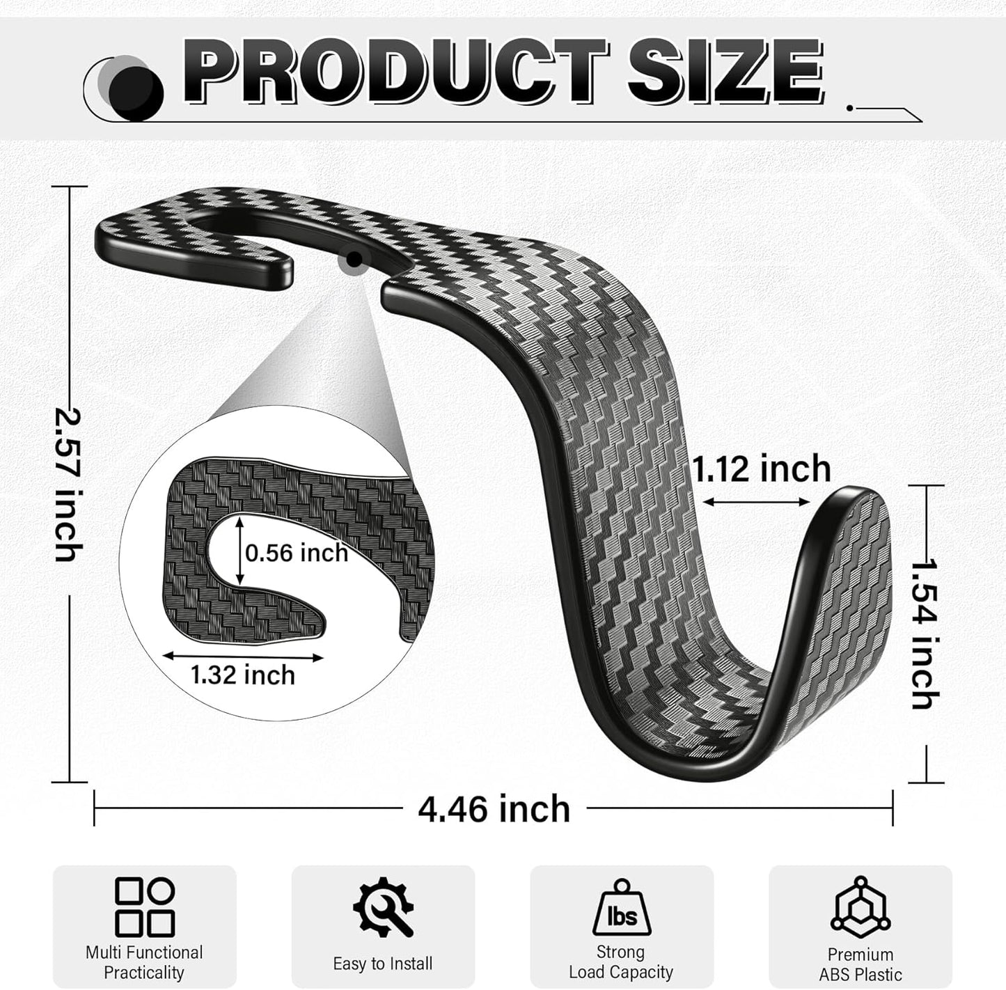 Universal 2 Pack Car Seat Headrest Purse Hook, Carbon Fiber Back Hook Storage Organizer Hanger for Handbag Coat, Interior Accessories(Black) Black 2PC