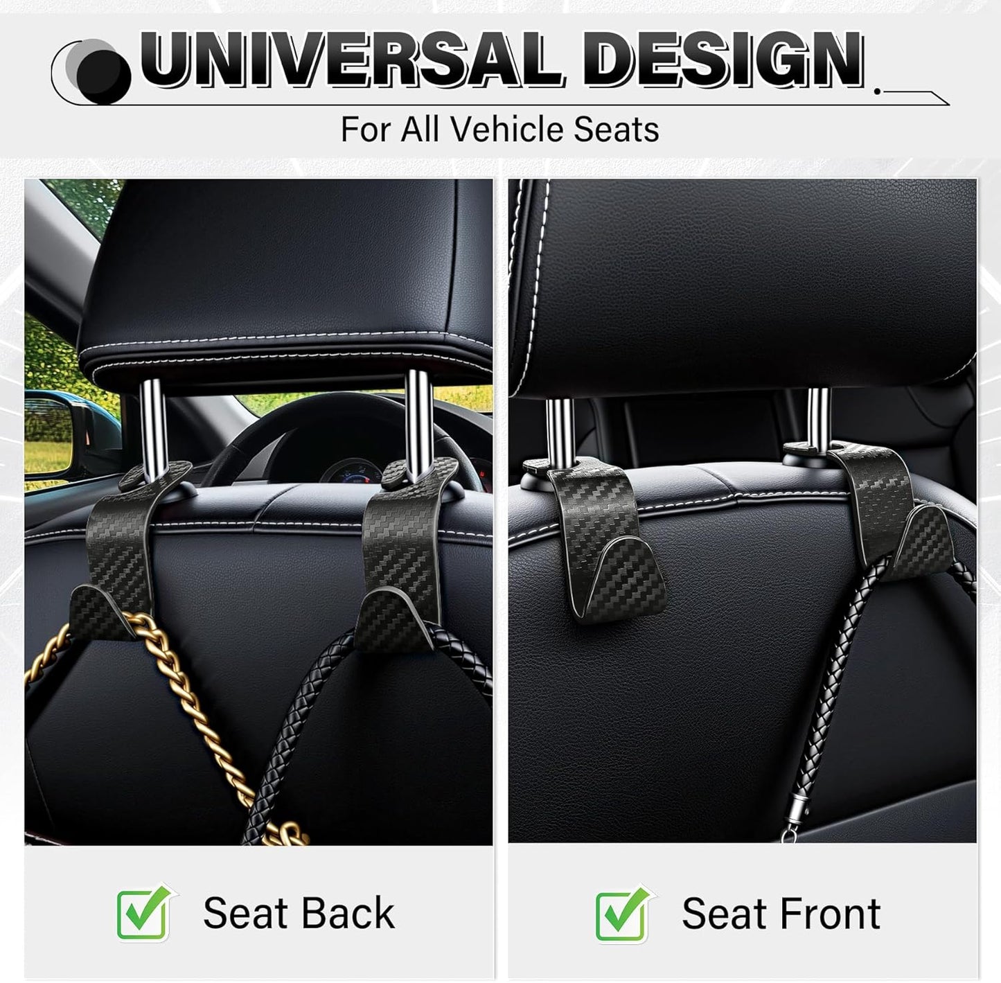 Universal 2 Pack Car Seat Headrest Purse Hook, Carbon Fiber Back Hook Storage Organizer Hanger for Handbag Coat, Interior Accessories(Black) Black 2PC