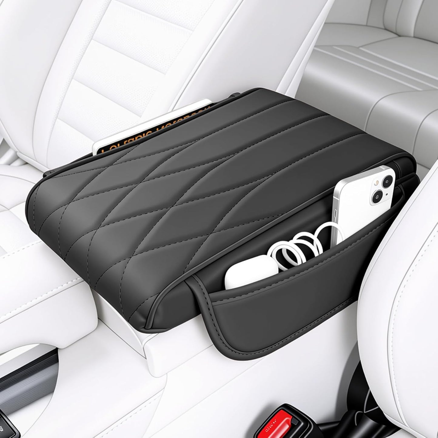 Car Center Console Cover Pad, Universal Leather Waterproof Arm Rest for with 2 Storage Bags, Interior Accessories Most Vehicles, Cars, SUVs, Trucks (Black) black -