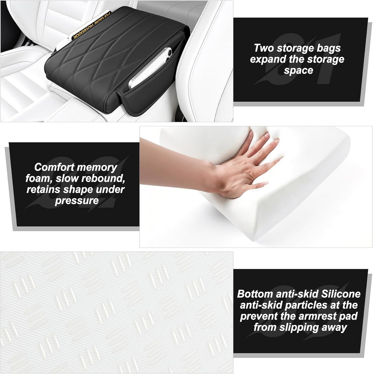 Car Center Console Cover Pad, Universal Leather Waterproof Arm Rest for with 2 Storage Bags, Interior Accessories Most Vehicles, Cars, SUVs, Trucks (Black) black -