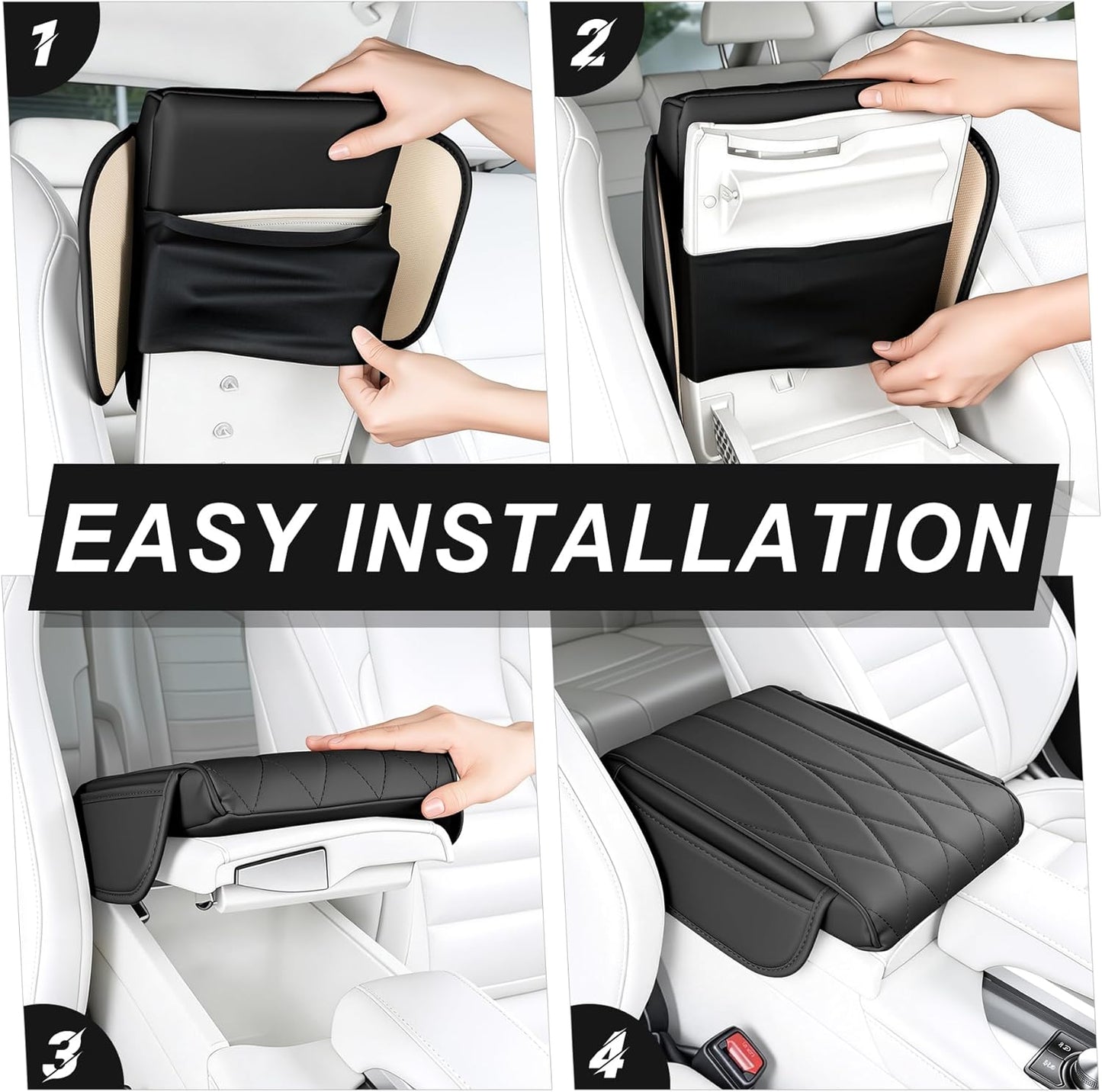 Car Center Console Cover Pad, Universal Leather Waterproof Arm Rest for with 2 Storage Bags, Interior Accessories Most Vehicles, Cars, SUVs, Trucks (Black) black -