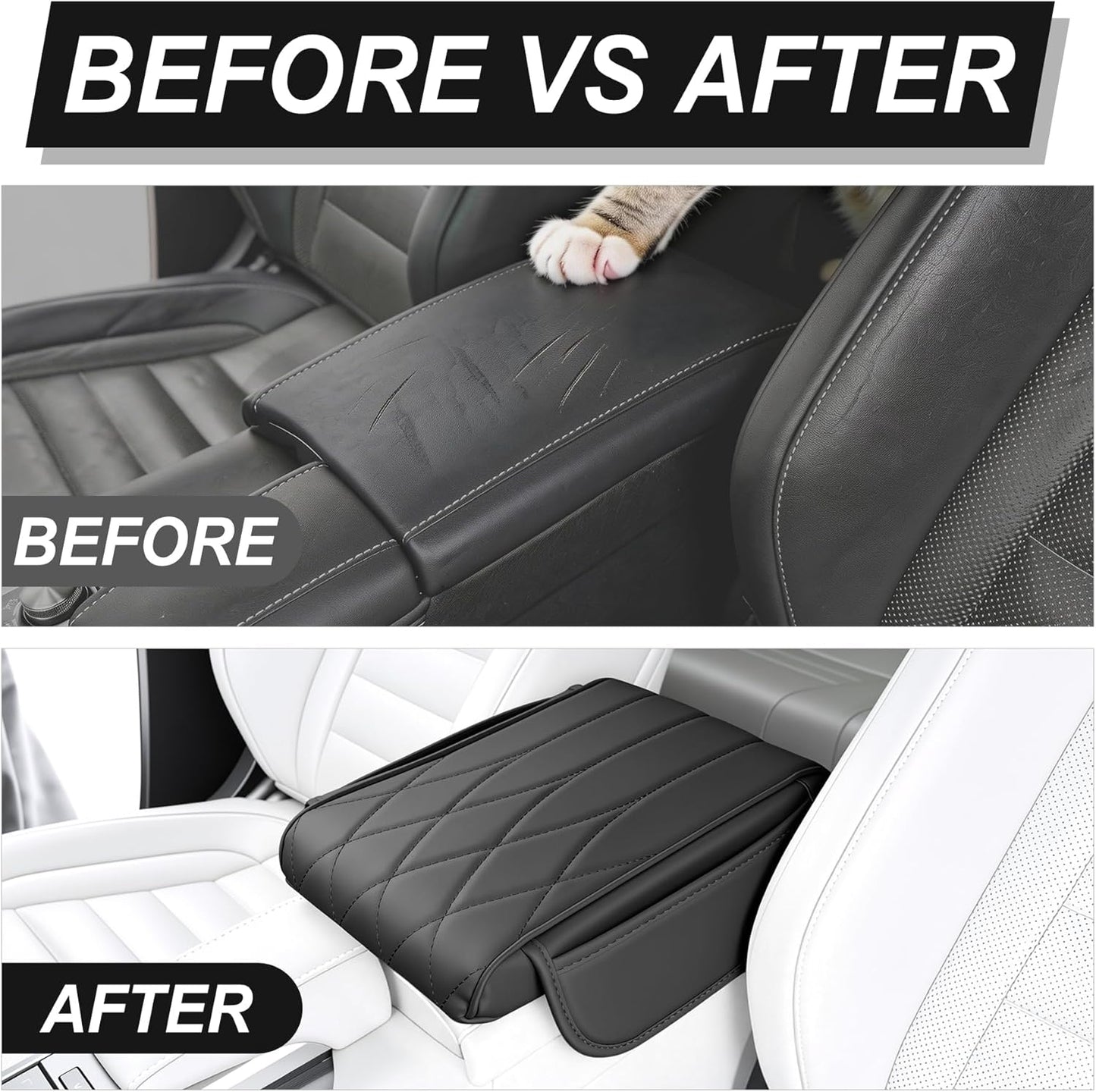 Car Center Console Cover Pad, Universal Leather Waterproof Arm Rest for with 2 Storage Bags, Interior Accessories Most Vehicles, Cars, SUVs, Trucks (Black) black -