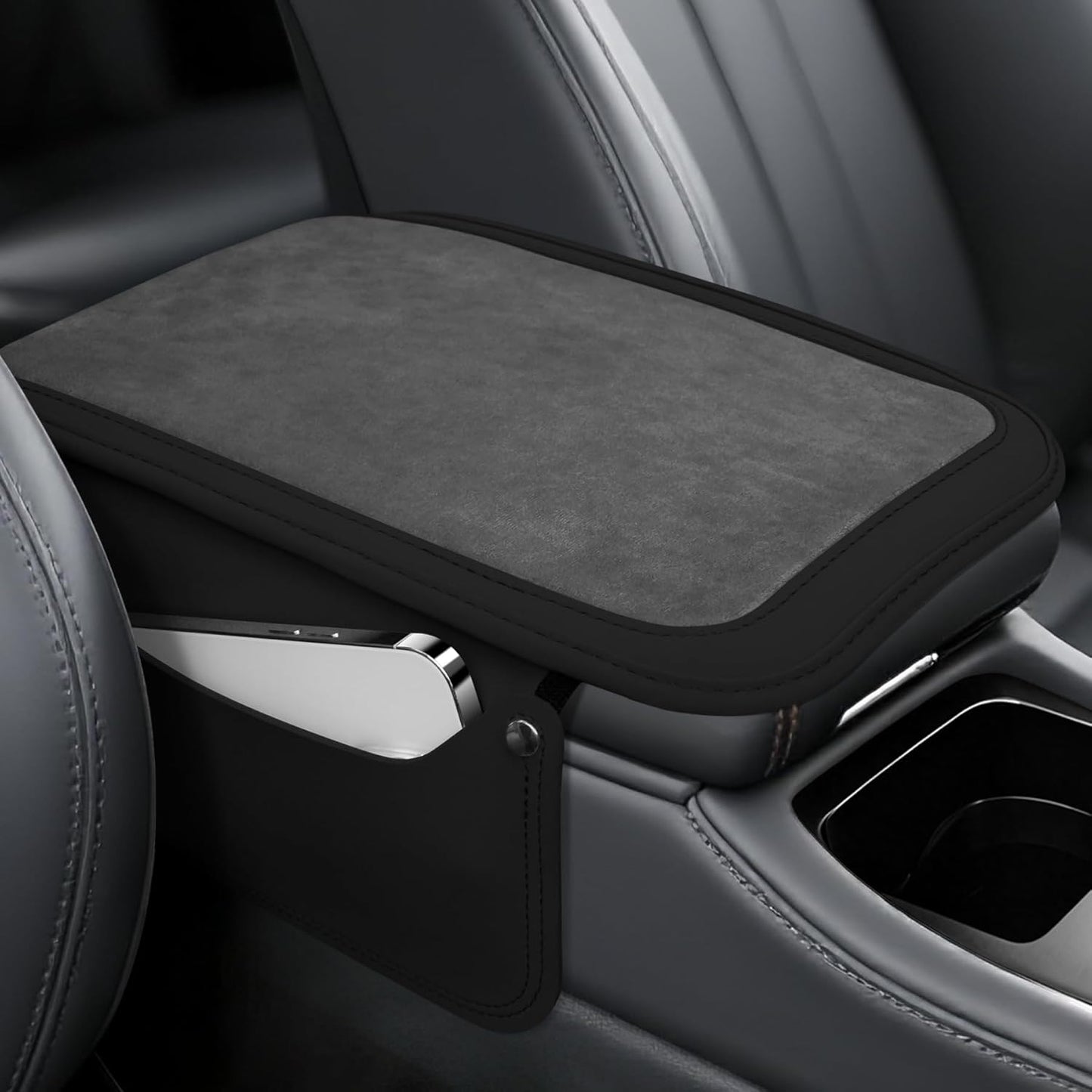 Car Leather Furry Center Console Cover with 2 Storage Bags, Universal Fluffy Armrest Seat Box Pad, Comfortable Interior Accessories, Fits for Most Vehicles (Black) Black -