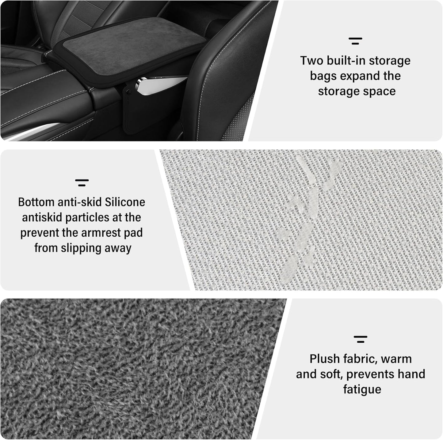 Car Leather Furry Center Console Cover with 2 Storage Bags, Universal Fluffy Armrest Seat Box Pad, Comfortable Interior Accessories, Fits for Most Vehicles (Black) Black -