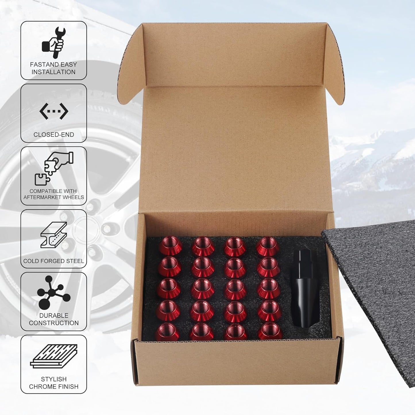 20PCS M12x1.5 Wheel Lug Nuts, Open End Nuts 40mm, Forged Locknut Racing Aluminum Wheels Rims (Red) Red M12X1.5