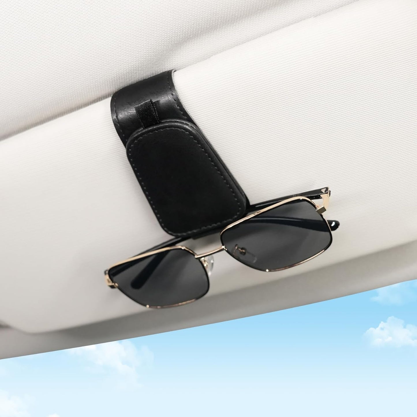 2 Pack Sunglass Holder for Car Visor Sunglasses Clip, Universal Non-Slip Magnetic Leather Glasses Eyeglasses Hanger Mounter, Truck Interior Accessories Woman Man, Black 2PCS
