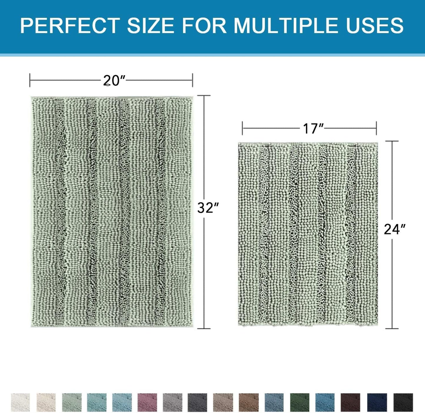 Sage Bathroom Rugs, Bath Mat Set of 2 Extra Thick Chenille Striped Pattern Shaggy Rugs for Room, Non Skid Mats Floor (32 x 20 Plus 24 17 - Inches) 20" 32" 17" 24"