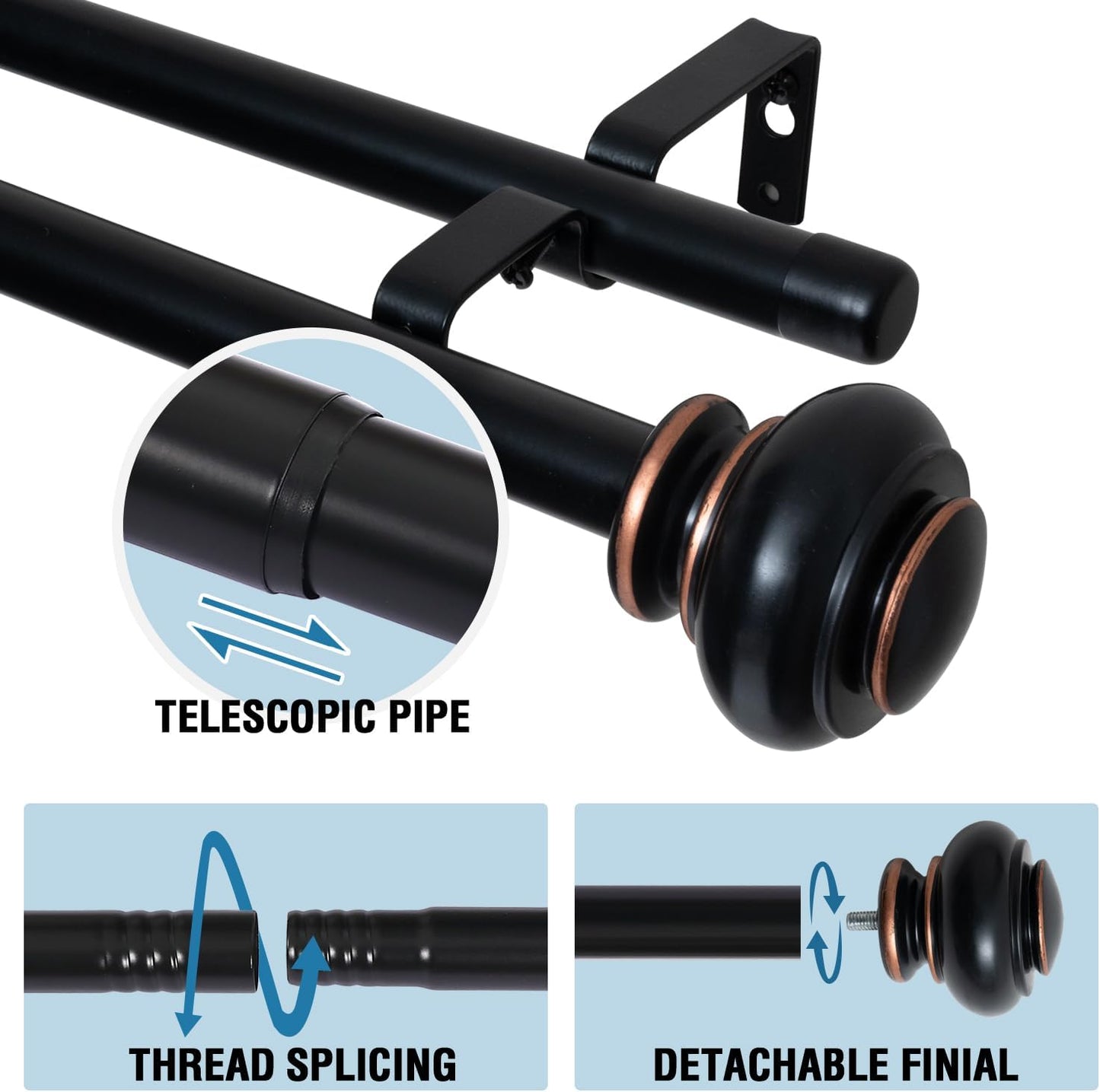Double Curtain Rods for Windows 16.2 to 90.6 Inches 3/4 inch Diameter Adjustable Decorative Telescoping Rod with Brackets Heavy Duty Splicing Rods, Black 16.2"-90.6"