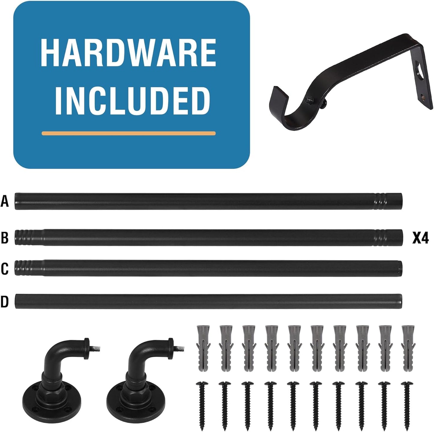 Wrap Around Curtain Rods for Windows 16.2 to 106.2 Inch, 3/4 Inch Diameter Industrial Telescoping Rod, Splicing Adjustable Indoor/Outdoor, Black 16.2"-106.2"