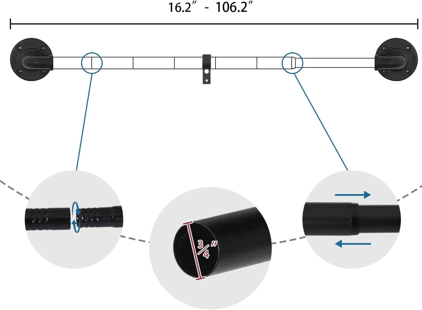 Wrap Around Curtain Rods for Windows 16.2 to 106.2 Inch, 3/4 Inch Diameter Industrial Telescoping Rod, Splicing Adjustable Indoor/Outdoor, Black 16.2"-106.2"