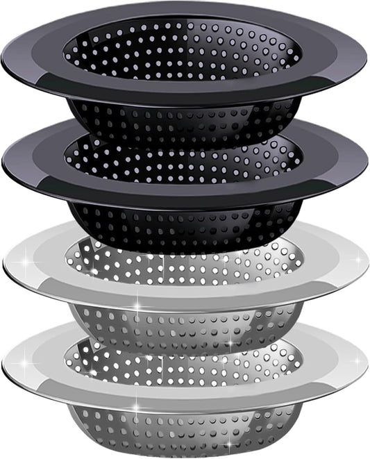 Kitchen Sink Drain Strainer, 4 Pack Stainless Steel and Black Mesh Strainer for with Large Wide Rim 4.5" Diameter, Filter 3" Basket Food Catcher -