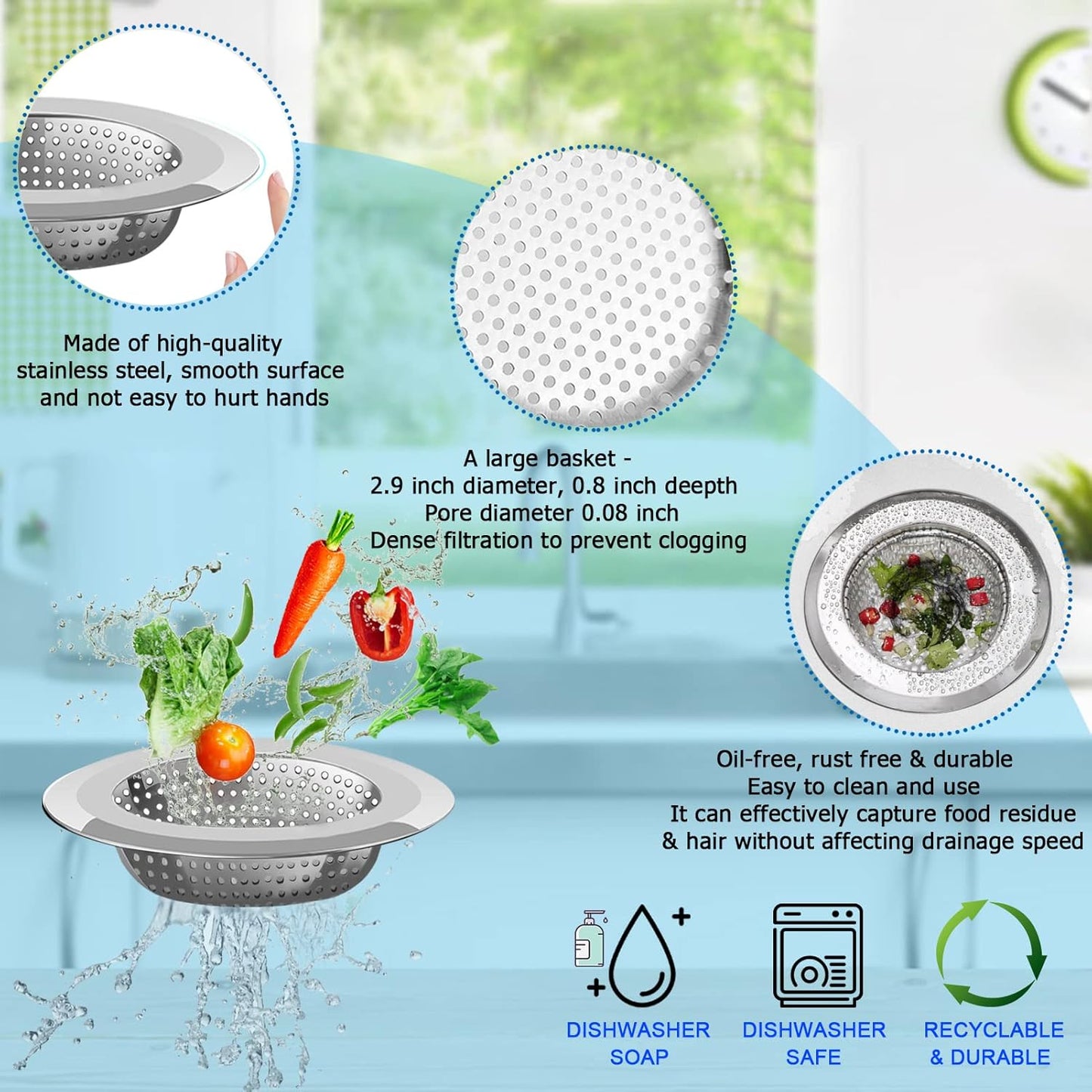 Kitchen Sink Drain Strainer, 4 Pack Stainless Steel and Black Mesh Strainer for with Large Wide Rim 4.5" Diameter, Filter 3" Basket Food Catcher -