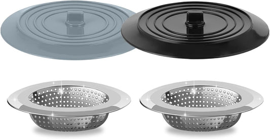 Sink Strainer Stopper 4 Pack, Universal Silicone Kitchen Drain Cover Plug Kit, 4.5 Inch Stainless Steel Filter Strainer, Food Catcher for -