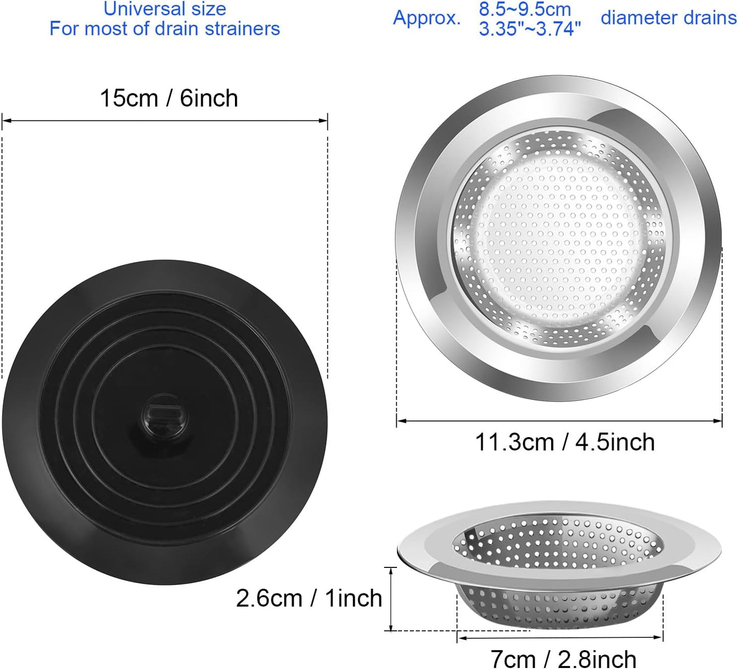 Sink Strainer Stopper 4 Pack, Universal Silicone Kitchen Drain Cover Plug Kit, 4.5 Inch Stainless Steel Filter Strainer, Food Catcher for -