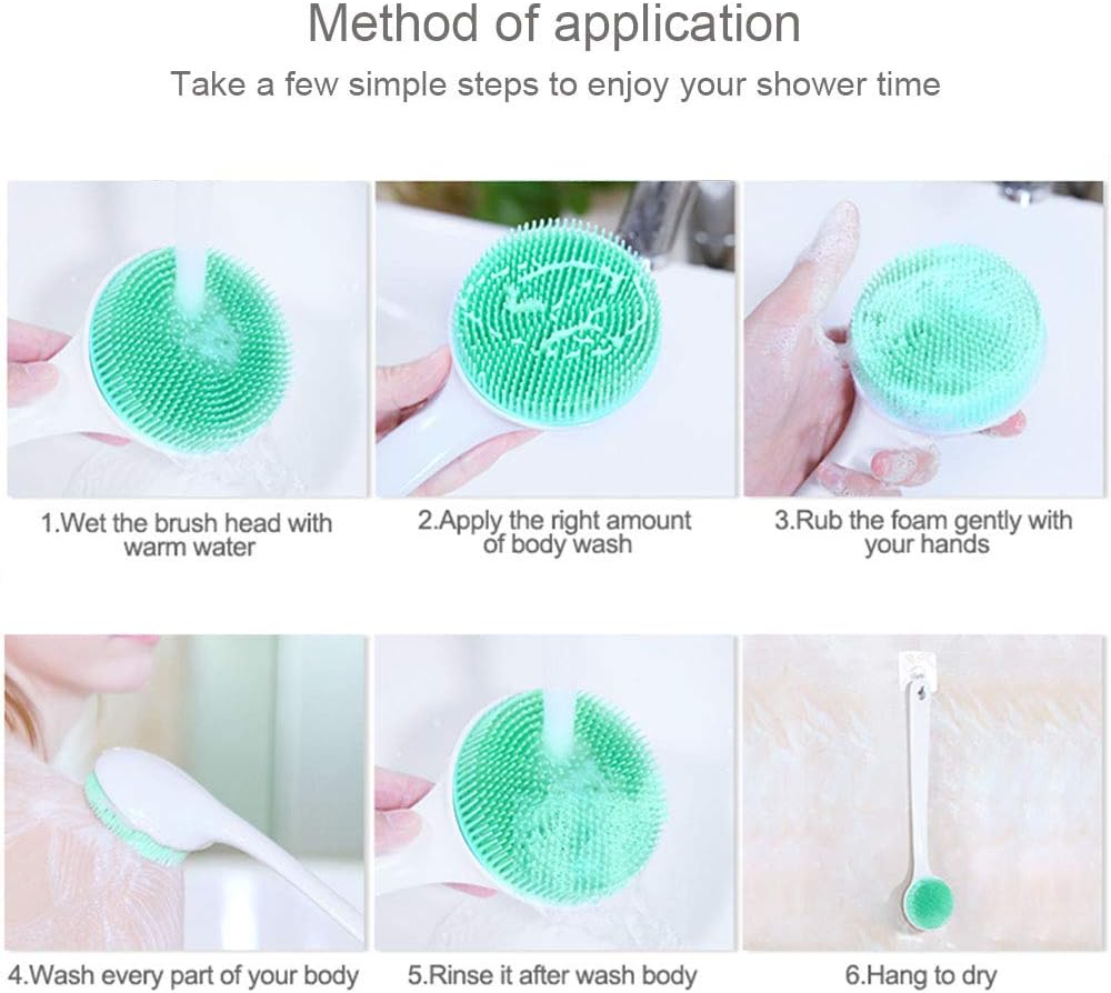 Silicone Body Scrubber Exfoliator, Back Brush Long Handle for Shower with Soft Bristles, Men and Women, BPA Free, Non-Slip - 1 Count (Pack of 1)