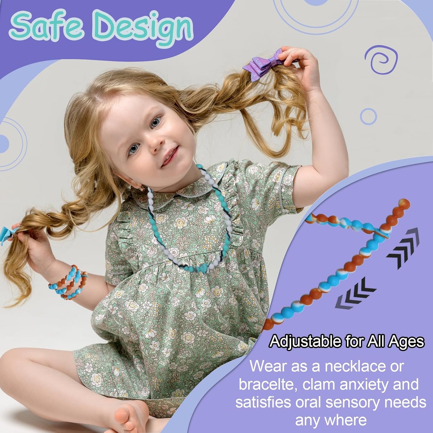 Chew Necklaces for Sensory Kids, 2 Pack Chewy Necklace Toys Reduces Stress and Anxiety, Kids with ADHD, Autism, SPD Tie-dye Orange green -