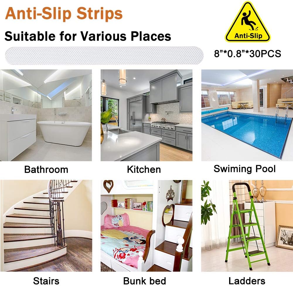 30 PCS Non Slip Shower Stickers, Safety Adhesive Strips Treads for Bathroom Floor Tub Stairs Ladders Pools Boats, Bathtub Appliques Adults & Kids with Scraper (Clear) Clear -