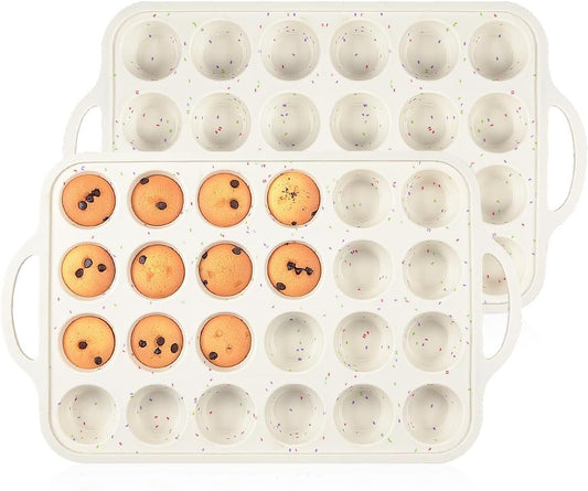 Mini Muffin Pan, Metal Reinforced Frame Cupcake Pans 24 Cups Nonstick Silicone Molds with Handle for Baking Muffins, Cupcakes, Egg Bites 2 Pack Creamy Confetti 24-Cup Mini:2pcs