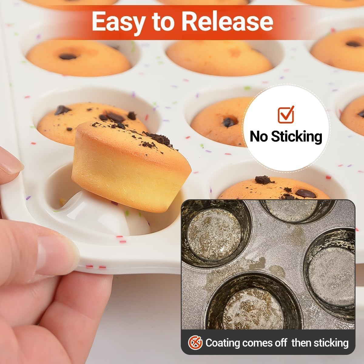 Mini Muffin Pan, Metal Reinforced Frame Cupcake Pans 24 Cups Nonstick Silicone Molds with Handle for Baking Muffins, Cupcakes, Egg Bites 2 Pack Creamy Confetti 24-Cup Mini:2pcs