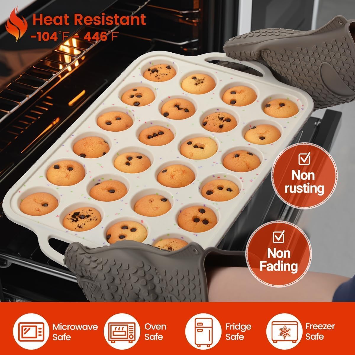 Mini Muffin Pan, Metal Reinforced Frame Cupcake Pans 24 Cups Nonstick Silicone Molds with Handle for Baking Muffins, Cupcakes, Egg Bites 2 Pack Creamy Confetti 24-Cup Mini:2pcs
