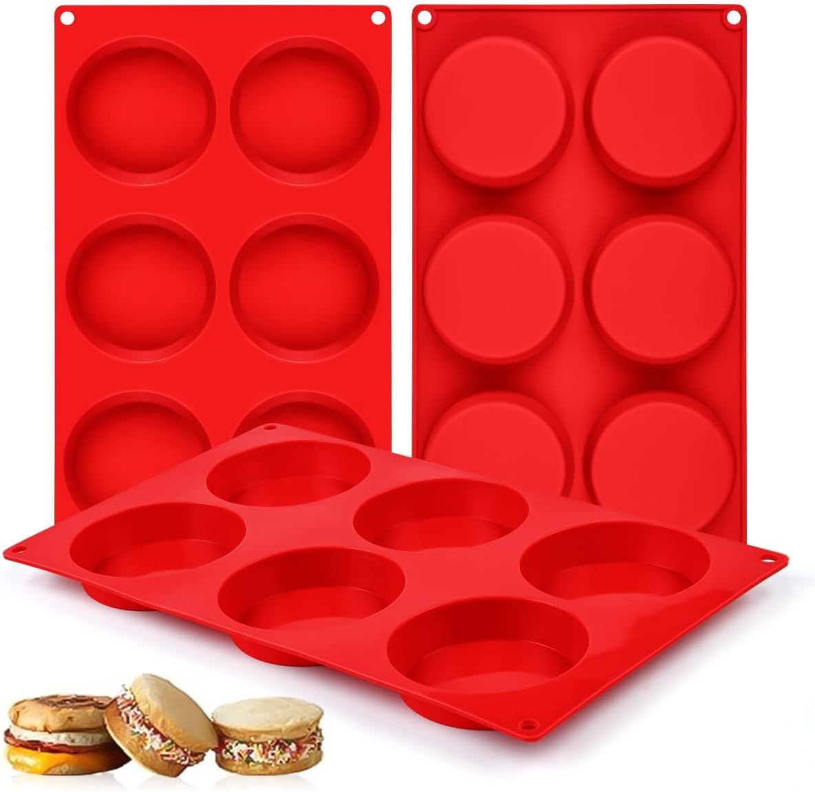 Muffin Top Pan, Silicone Egg Molds for Breakfast Sandwiches 3 Inch Round Baking English Muffins, Whoopie Pies, Corn Bread, Bites, Tarts Pack Red Regular inch - 3pcs