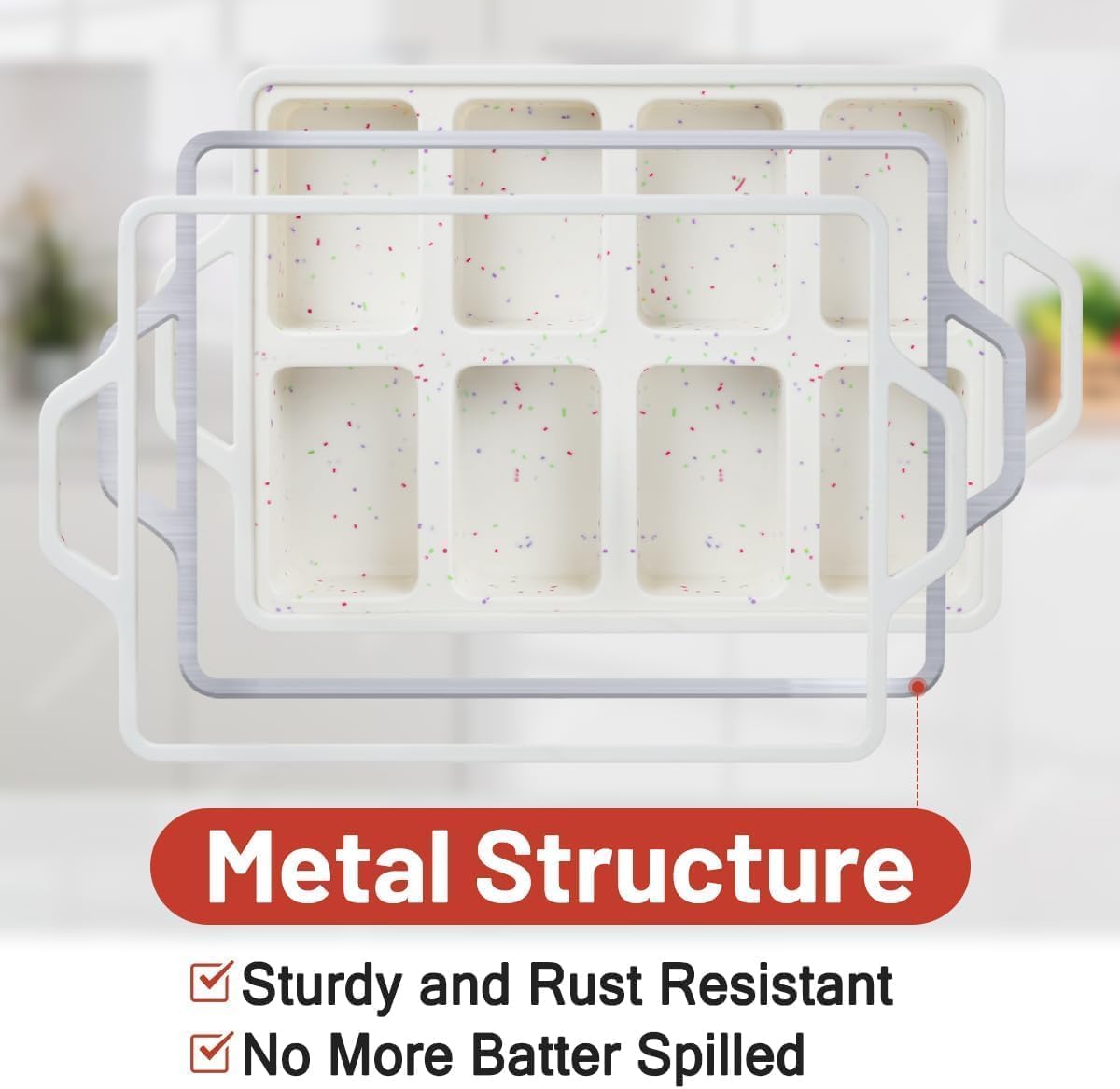 Mini Loaf Pans, Metal Reinforced Frame Silicone Bread Pans 8 Cavities Nonstick for Baking Cornbread, Bread, Brownie, Cheesecake, Chocolate 2 Pack Confetti Creamy 8-cup: 2.2"x3.5": 2pcs